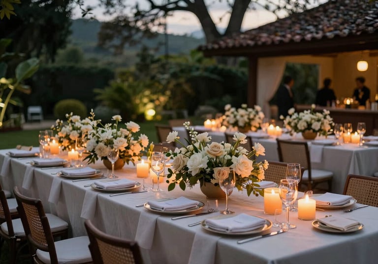 A high-end outdoor social celebration in a lush Latin American garden at twilight. Tables are decorated with cream-colored flowers and warm orange candles, creating an atmosphere of modern elegance and sophisticated charm.