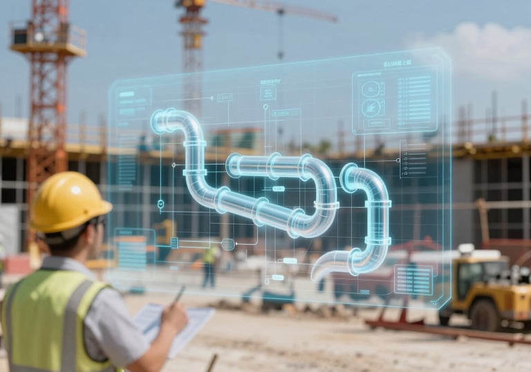A professional visualization of a construction site with a holographic BIM overlay showing pipes and ducts, highlighting innovation and accuracy.
