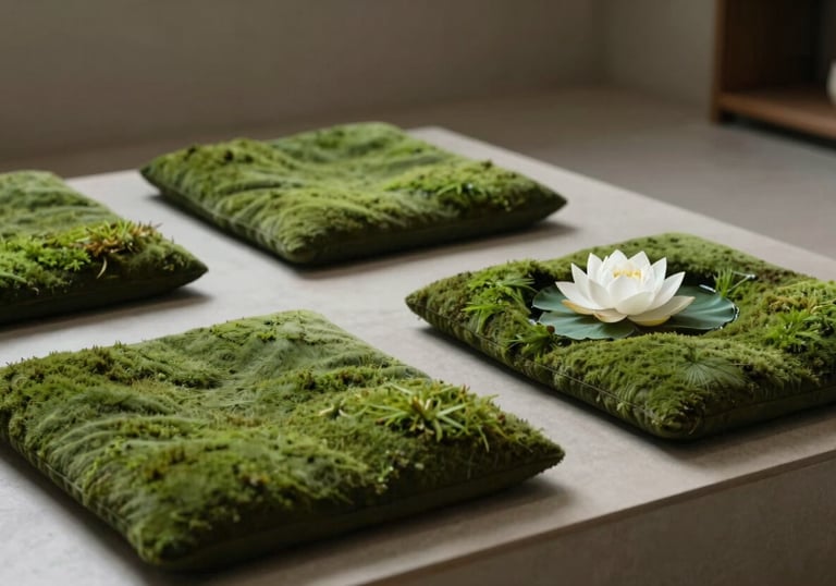 A minimalist wellness room featuring a low platform with soft moss green cushions and a single white lotus in water.
