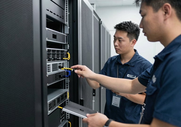 Technician repairing a large format plotter in a bright workshop.