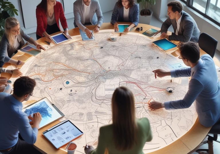 A futuristic workspace featuring AI-powered devices and creative brainstorming.