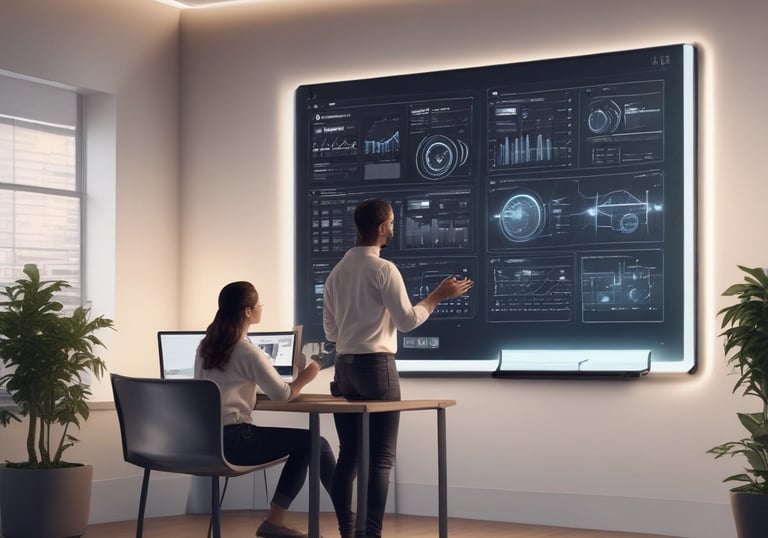 Close-up of hands typing on a laptop with AI data visualizations on screen.