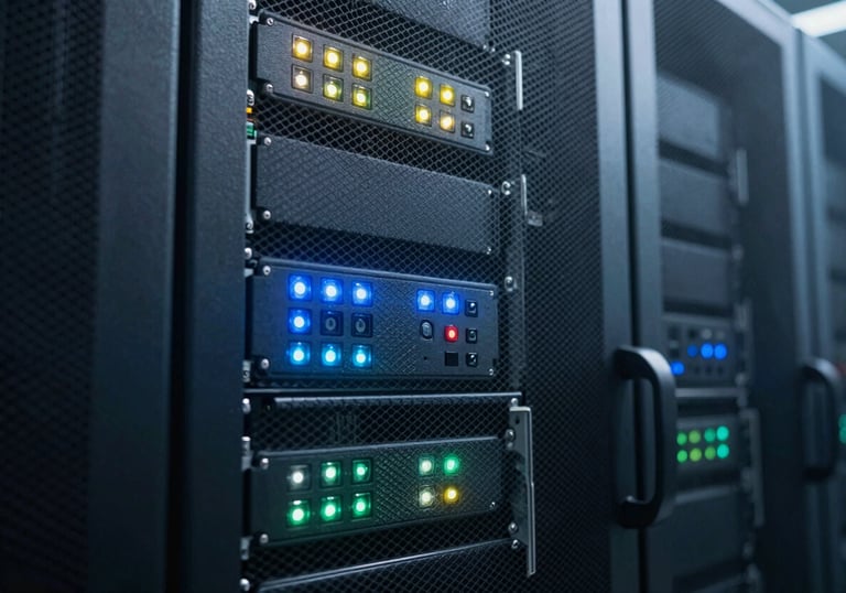 A close-up of a high-tech server room door with LED indicators, representing data security and professional IT management, lighting in charcoal and soft blue.