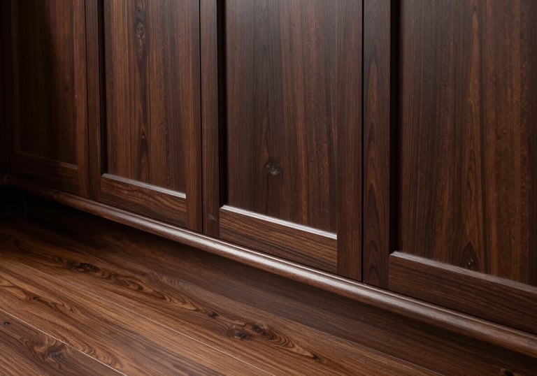 A close-up photograph of professionally installed dark wood cabinets and polished flooring, showcasing high-end craftsmanship in a North American home.