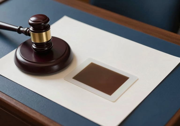 A high-angle shot of a courtroom desk with a gavel and a microscope slide, symbolizing the intersection of law and medicine. Latin American context, colors include Dark Blue and Off-white.