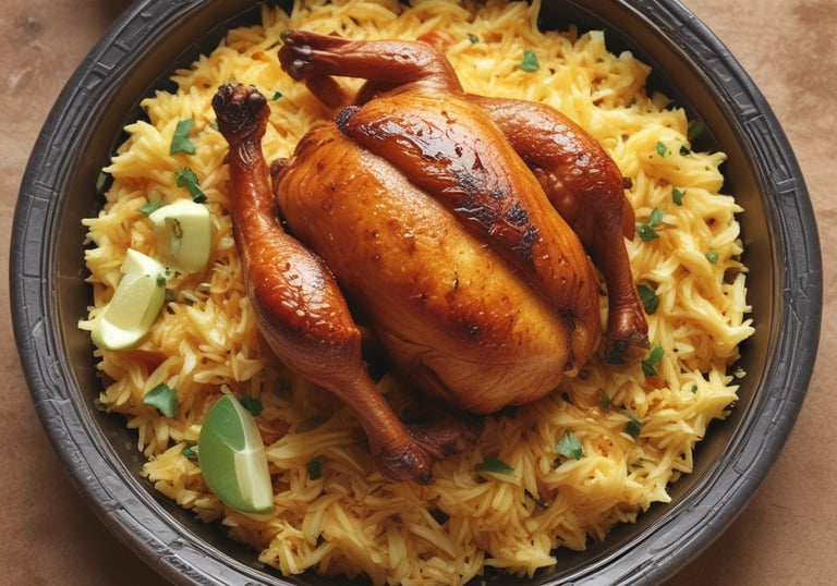A colorful dish of kabsa with chicken, garnished with nuts and herbs.