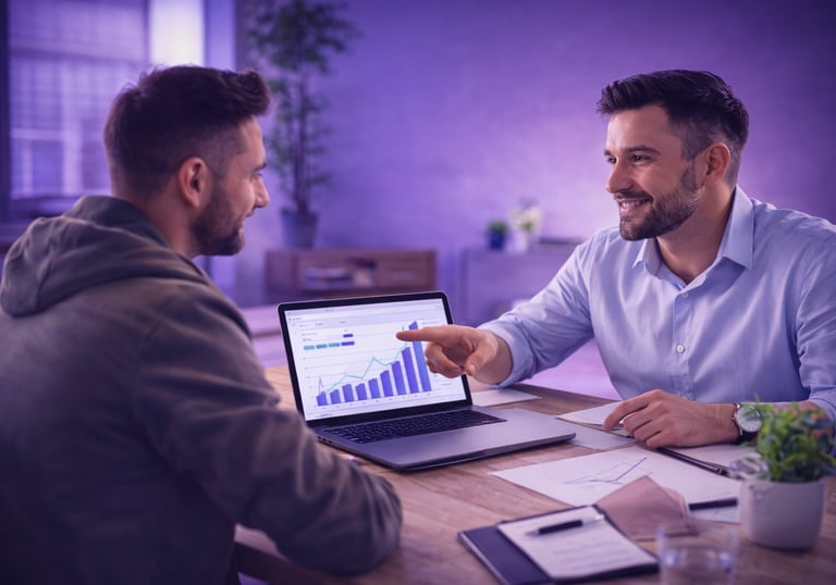 Échange entre un professionnel et un client autour des performances d’un site web.