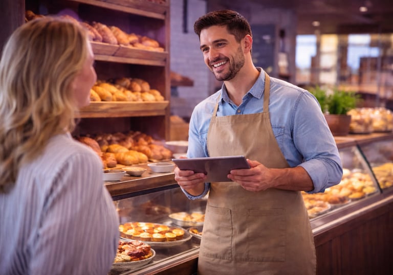 Commerçant présentant ses produits à un client dans un commerce local.