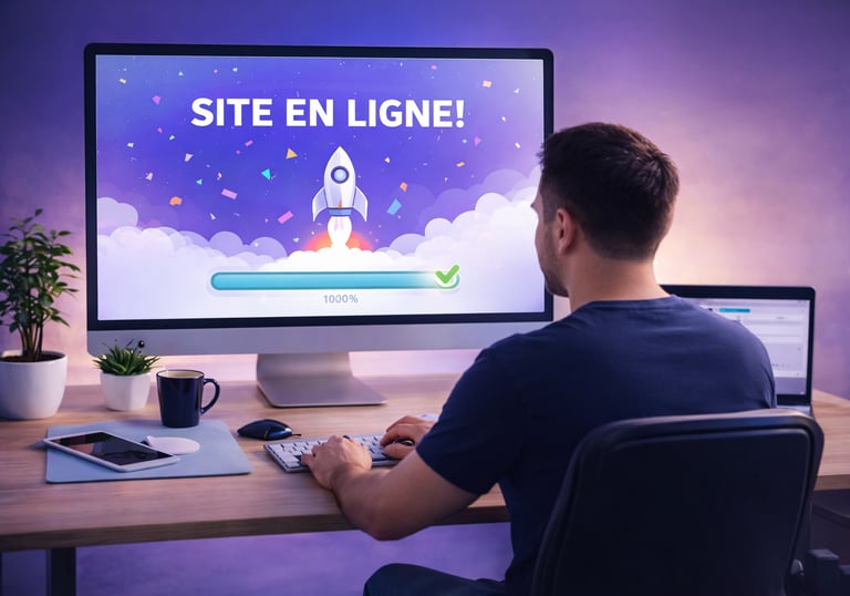 Professionnel mettant un site web en ligne sur ordinateur.