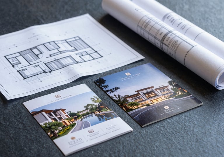 High-quality architectural blueprints and luxury property brochures neatly arranged on a dark slate blue surface, professional real estate presentation.