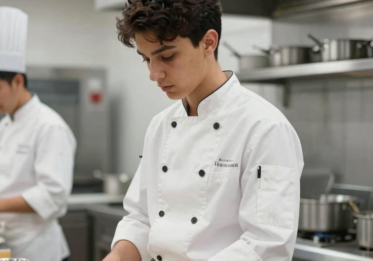 Professional photography of a student in a crisp white culinary uniform inside a high-end, modern training kitchen in Cyprus. The lighting is bright and clean, emphasizing a premium hospitality education environment.