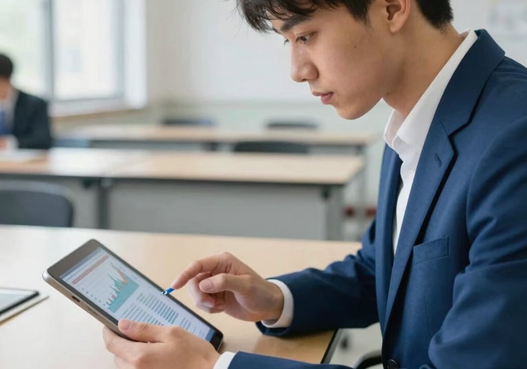 A focused shot of an international student analyzing financial charts on a tablet in a modern, light-filled classroom. The student is wearing a stylish blue blazer, reflecting a professional business school atmosphere.