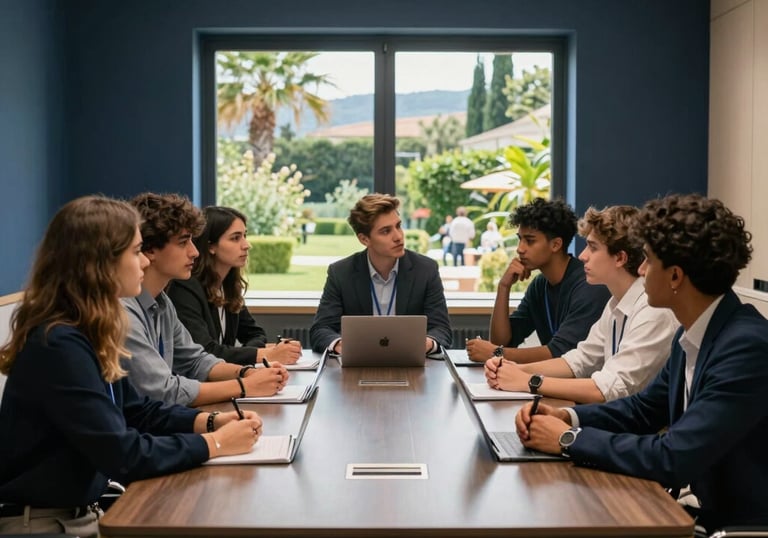 A group of international students engaged in a lively academic discussion around a sleek conference table. The room features minimalist navy and gold decor with large windows overlooking a Mediterranean garden.