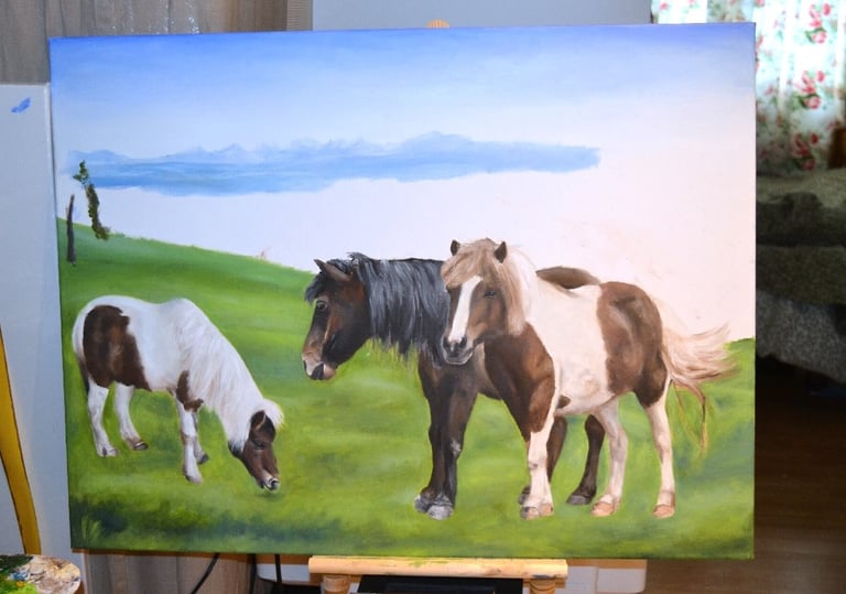 an unfinished painting of horses in a field
