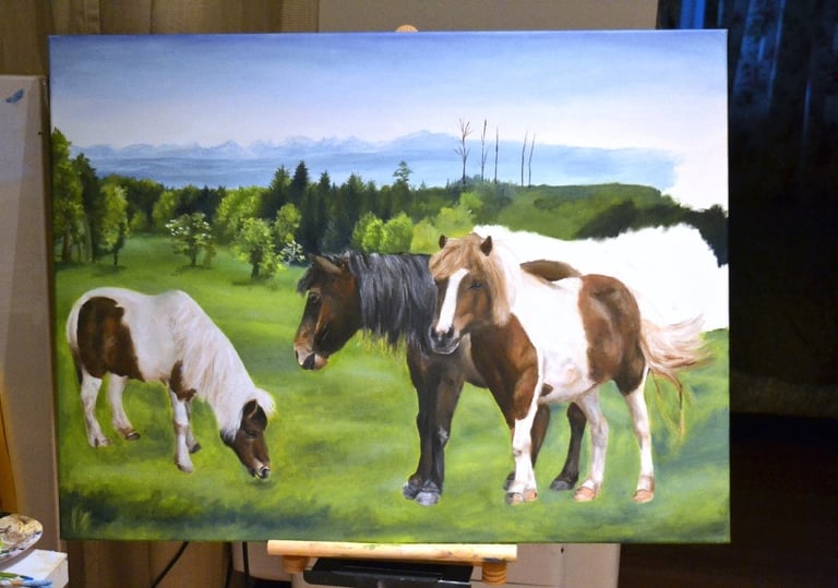 a painting of horses in a field