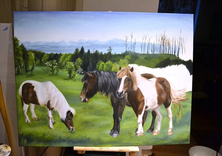 a painting of horses grazing in a field