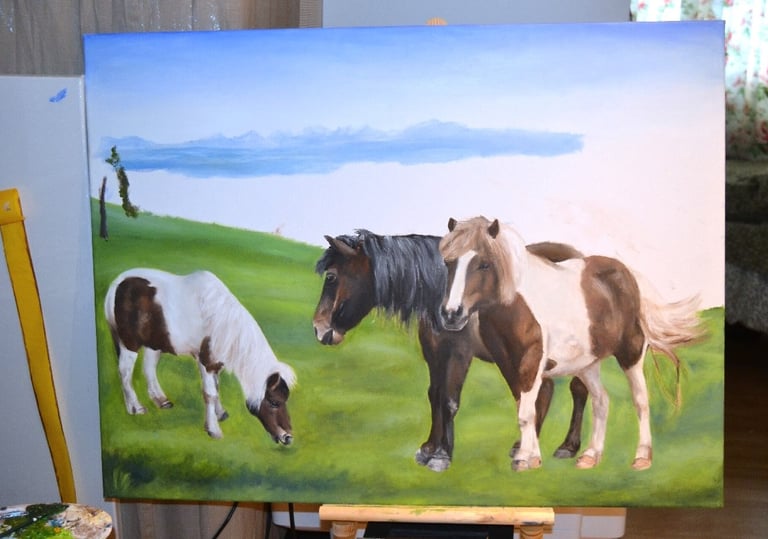 an unfinished painting of horses in a field