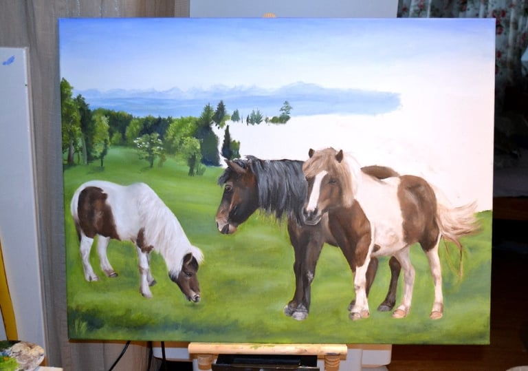 a painting of horses in a field