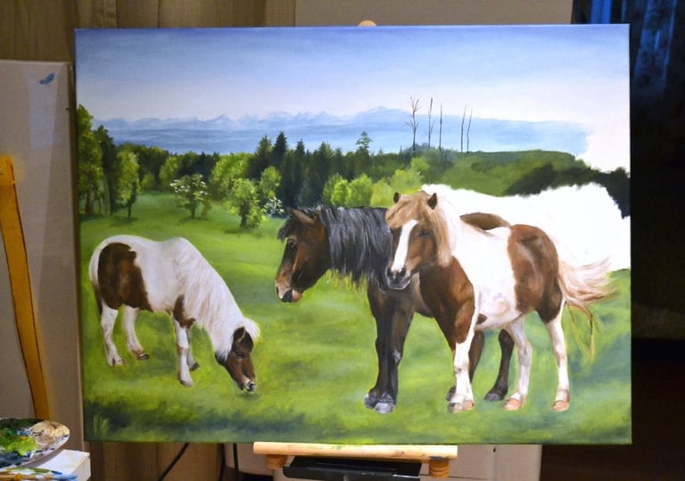 a painting of horses in a field