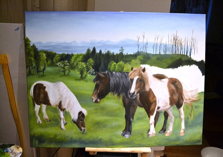 a painting of horses grazing in a field