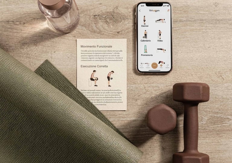 Flat lay con smartphone accanto a tappetino da yoga