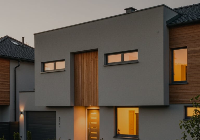 a beautiful house with a driveway and lights on