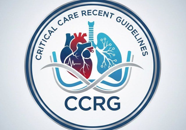 Critical Care Recent Guidelines CCRG logo featuring a heart and lung illustration for medical education.