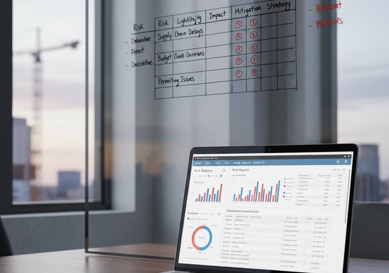 Risk management matrix and analysis for construction project oversight.