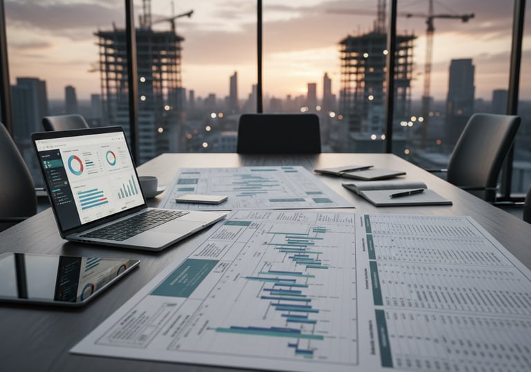 Project manager reviewing plans and schedules for construction delivery.