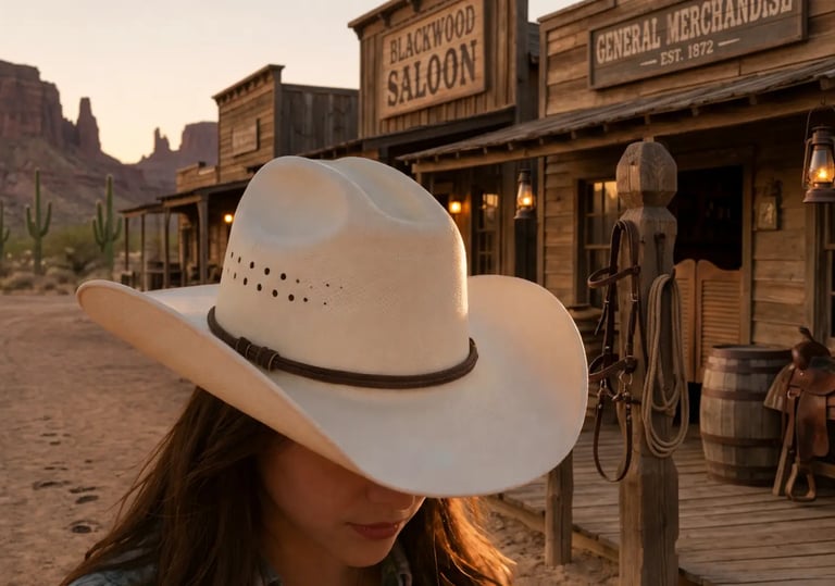 Femme portant un chapeau de cowgirl devant un saloon western en bois dans un décor désertique américain au coucher du soleil