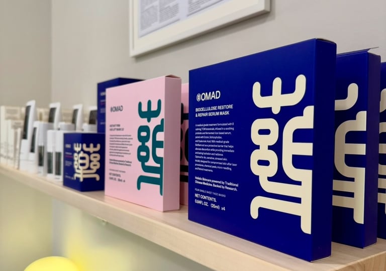 A collection of OMAD biocellulose restore and repair serum mask boxes on a wooden retail display shelf.
