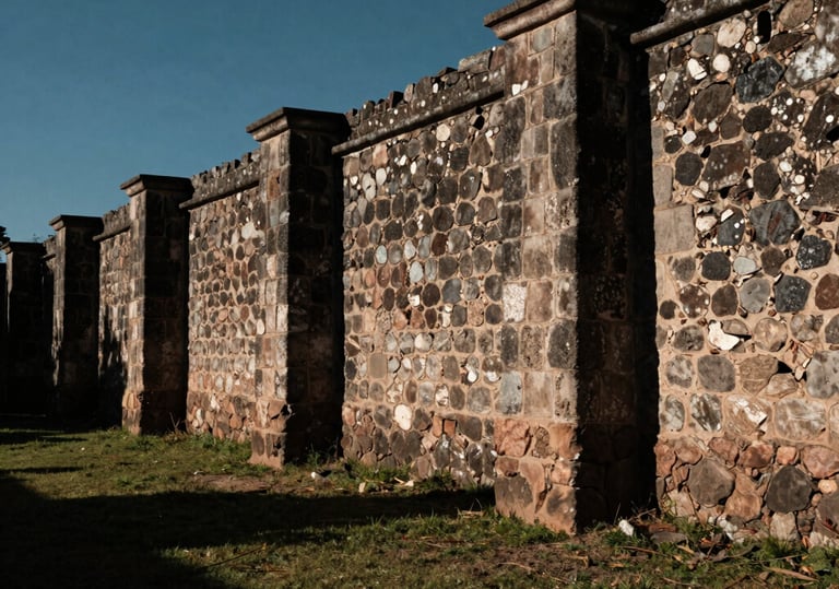 Wide panoramic environmental shot of Jalisco countryside, deep shadows, dramatic natural light hitting a historic stone boundary wall, solemn mood.