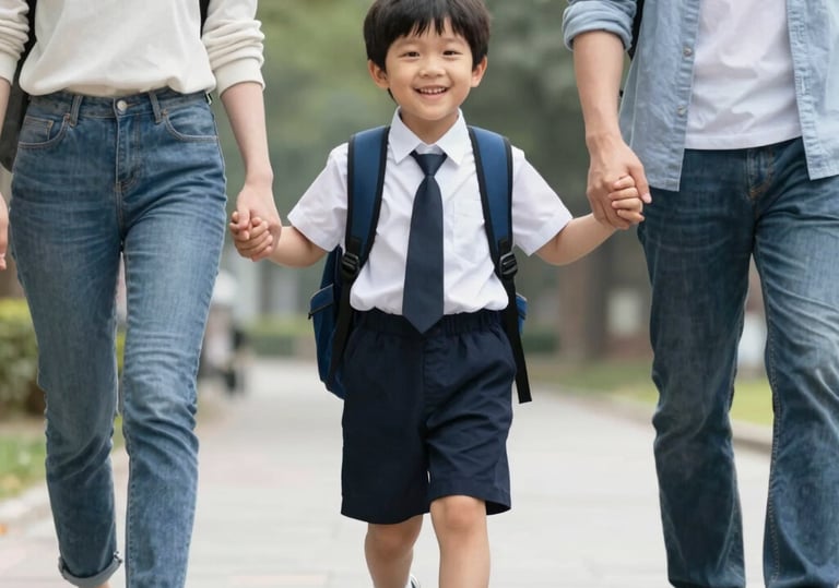 A smiling young boy in a school uniform holds hands with his parents while walking to school.