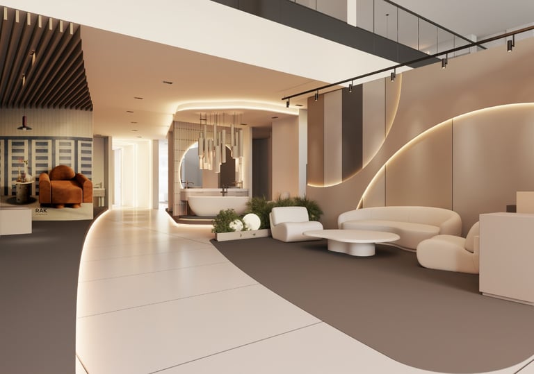 Modern luxury showroom featuring a minimalist lounge, curved white sofas, and designer bathroom fixtures.