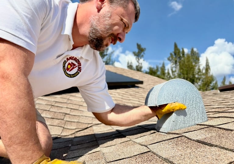 Andrew cleaning the dryer vent on the roof