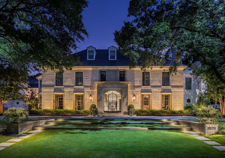 moon lighting a front lawn and house facade lighting