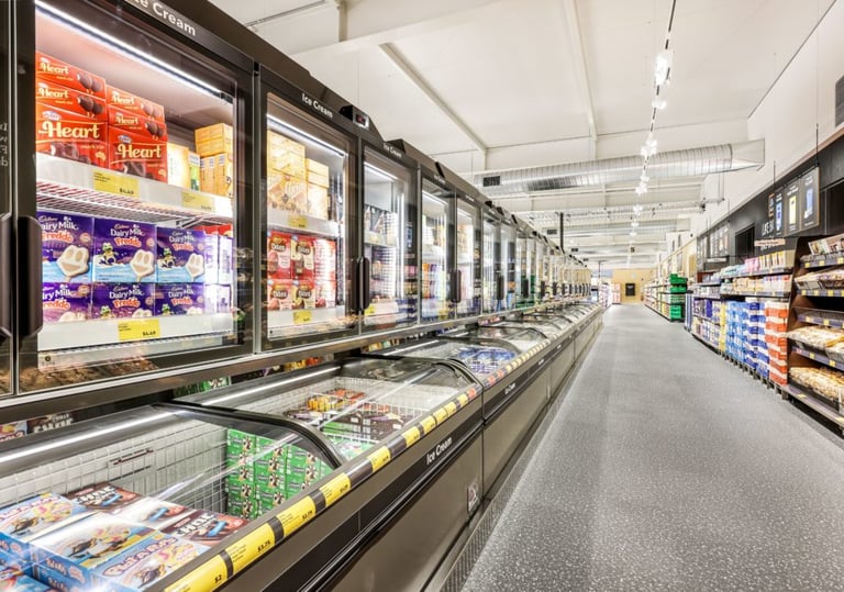 A wide supermarket aisle featuring glass-door ice cream freezers stocked with frozen food.