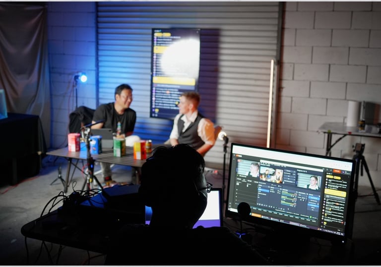 two people sitting at a table with a computer screen