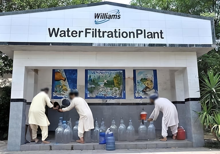 a man and woman filling water into a container