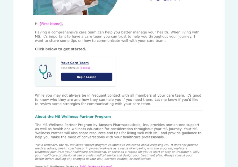 A healthcare professional smiling in a lab coat, representing the MS Wellness Partner care team.