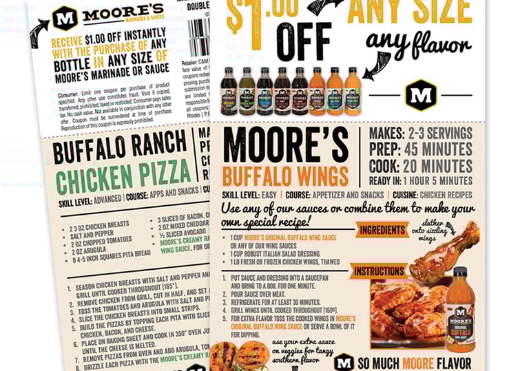 Moore's Marinades and Sauces recipe cards for buffalo chicken pizza and wings with a discount coupon.