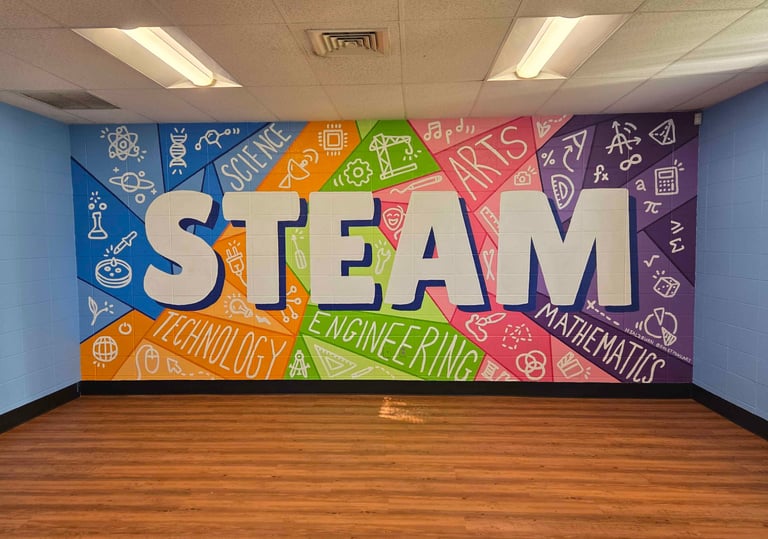 Colorful STEAM education wall mural featuring science, technology, engineering, arts, and math icons.