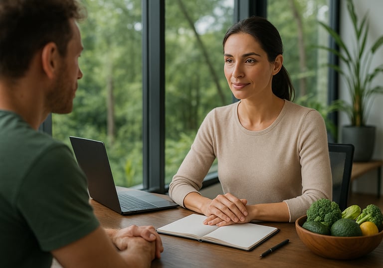 Home e mulher conversando sobre alimentação saudável