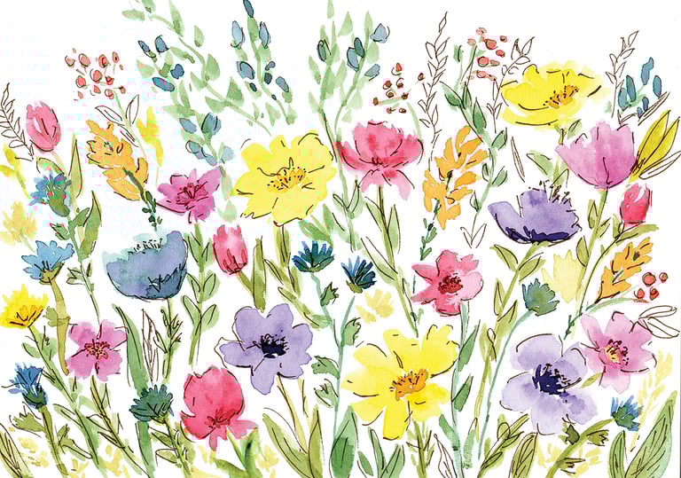 champ de fleurs sauvages coloées à l'aquarelle