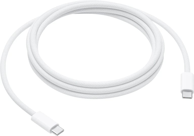White braided USB-C to USB-C charging cable coiled on a white background.