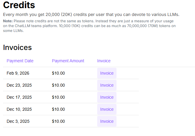 Screenshot of credits spent on Abacus.AI