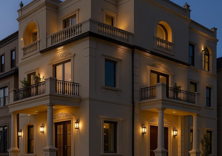 a large house with a clock on the front of it  | Nour Nagy Designs