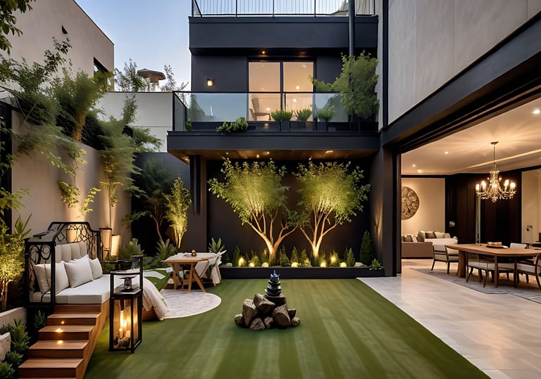 a modern house with a large lawn and a fire pit  | Nour Nagy Designs