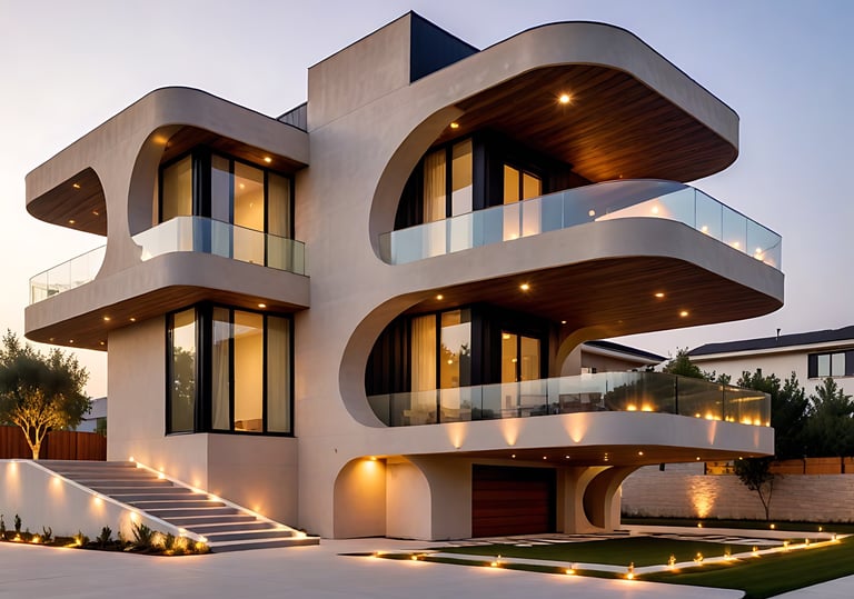 a house with a spiral staircase leading to a large balcony  | Nour Nagy Designs