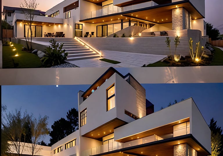 a house with a lot of lights on the outside  | Nour Nagy Designs